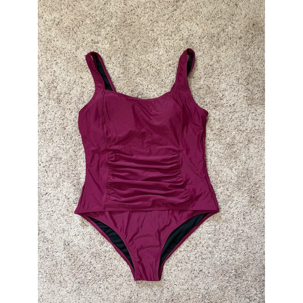 Firpearl Womens Ruched One Piece Swimsuit Plum Square Neck Swimwear Plus Size 16